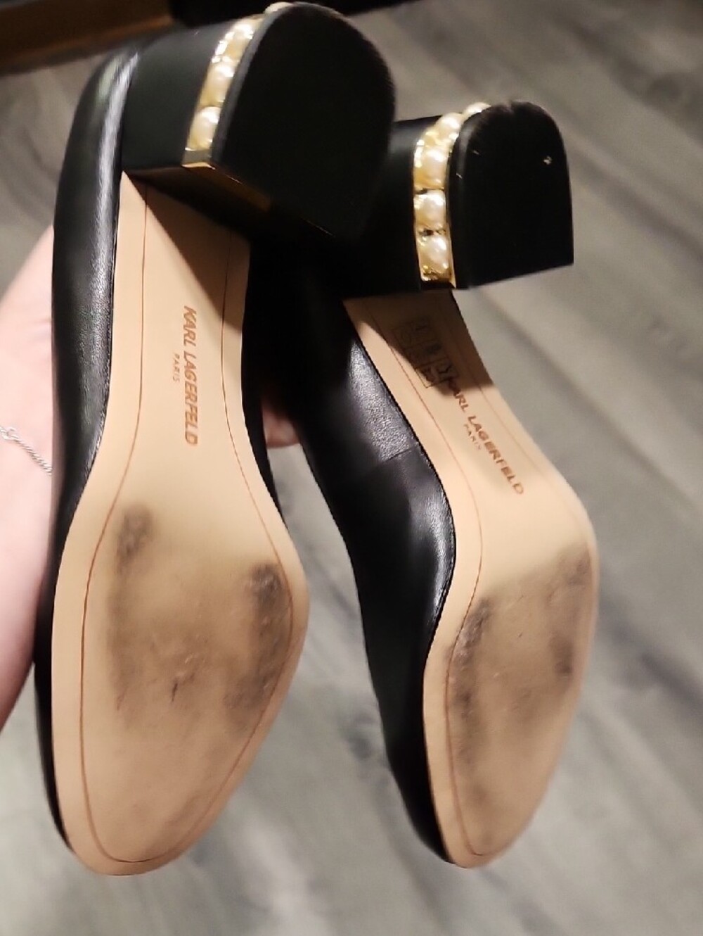 Karl Lagerfeld Black Sally Leather Block Heel Pumps W/Gold Accent & Pearl Detail - Picture 6 of 6